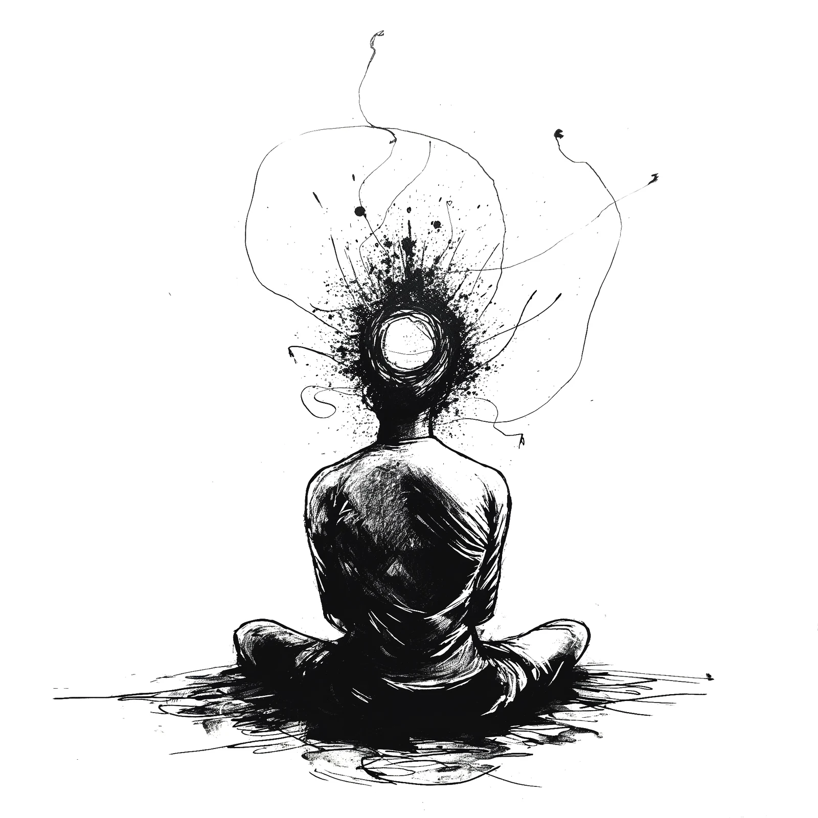 An ink drawing of a seated figure, thoughts unfolding into space