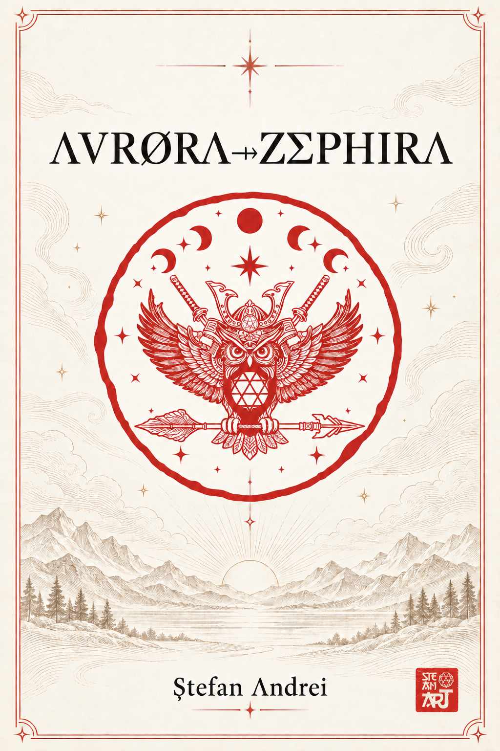 Aurora Zephira book cover, with the red owl seal