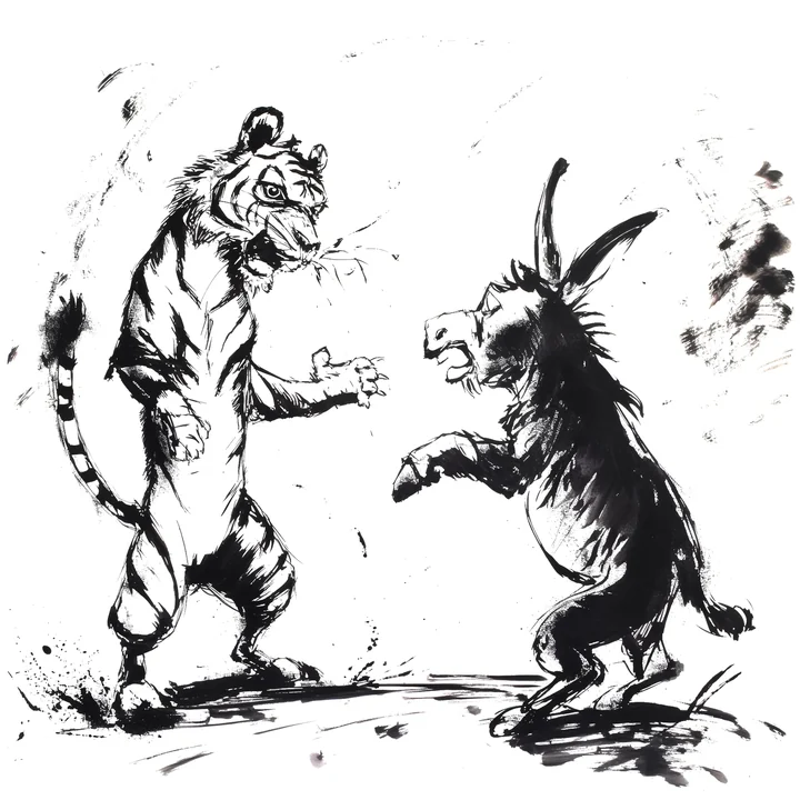 Ink artwork accompanying The Donkey and the Tiger